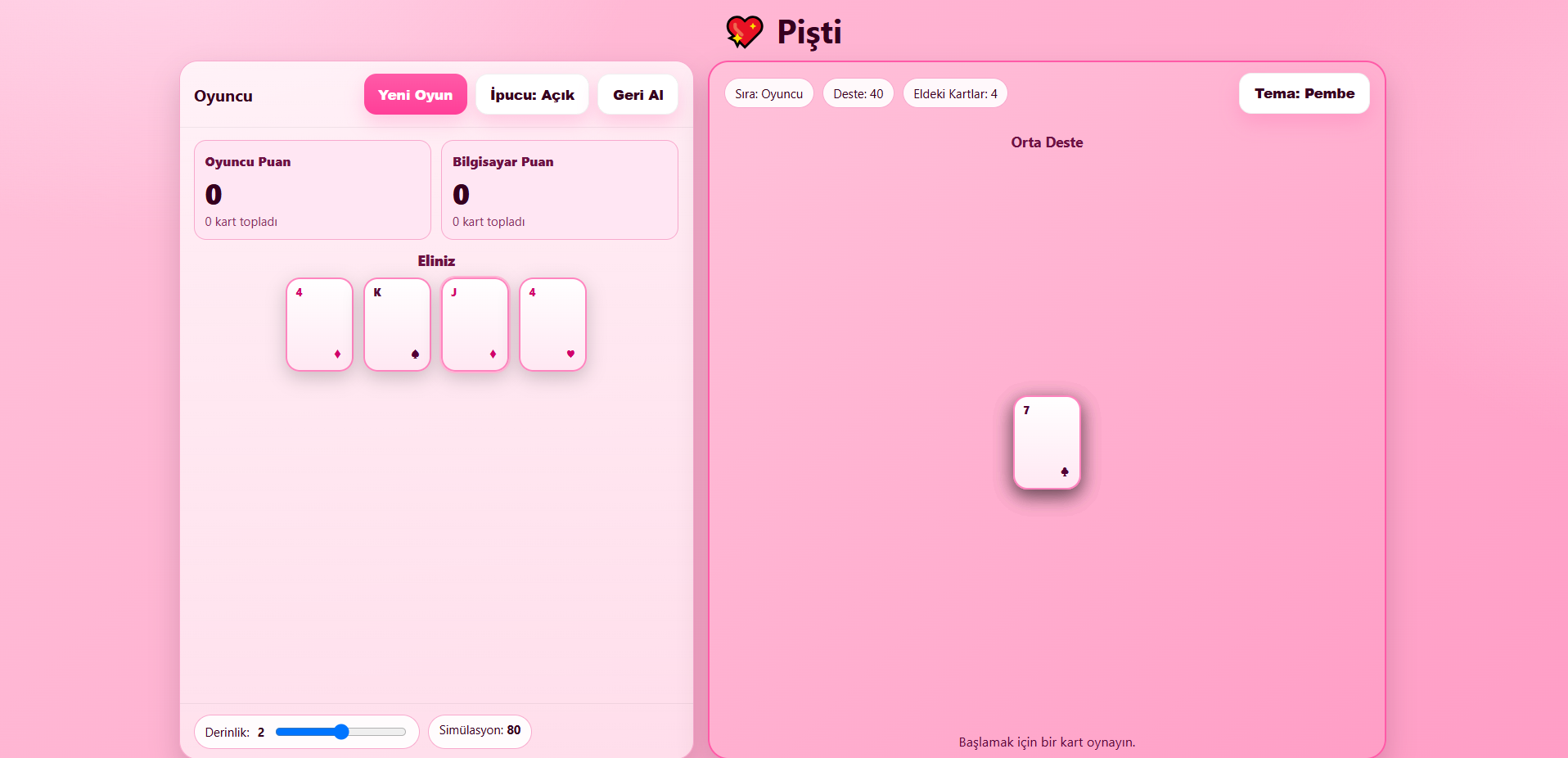 Pişti oyunu ekran görüntüsü